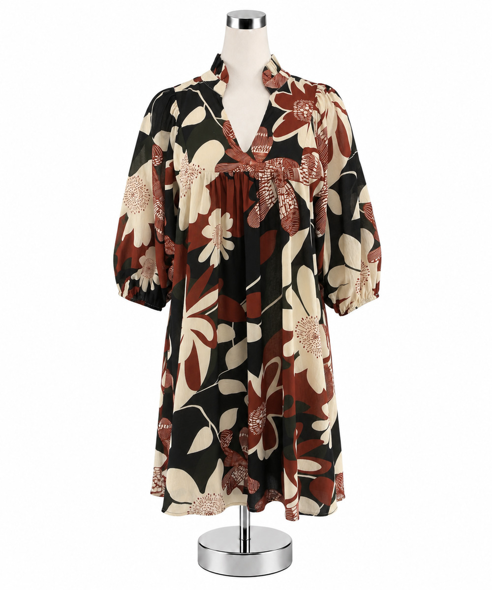 Umgee Rust Floral Boho Tunic Mini Dress 3/4 Sleeve Size Small